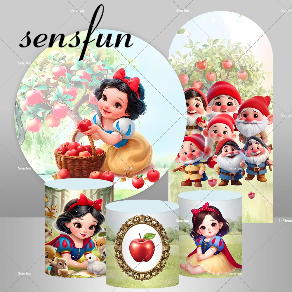 Cartoon Princess Snow White And The Seven Dwarfs Round Arch Backdrop Cover for Girls Baby Shower Birthday Party Backgrounds