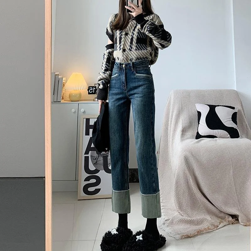 

High Waist Straight Leg Jeans for Women with Rolled s Street Sle Cotton Winter Collection Bla Small Stature Friendly