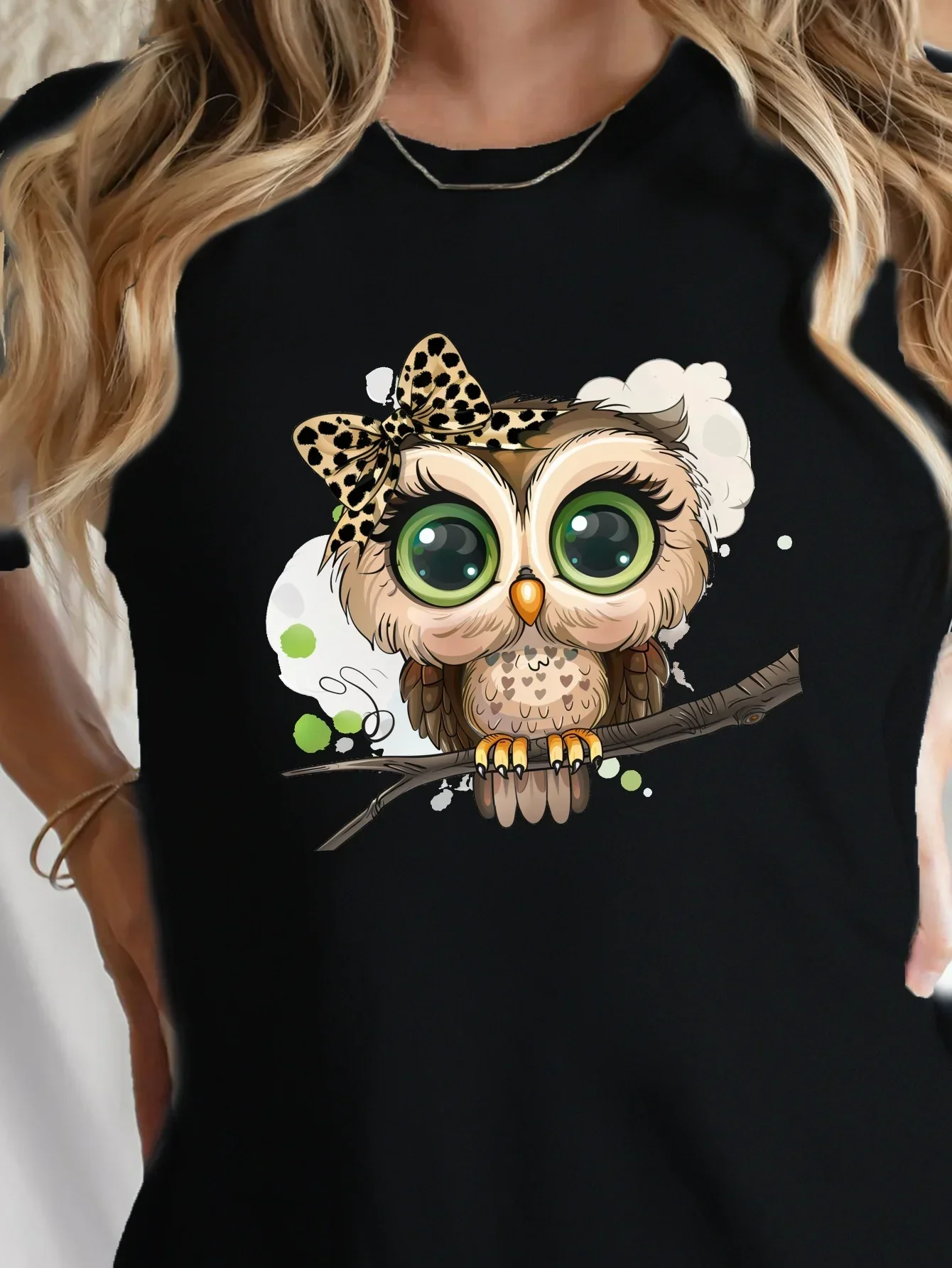 

Top for Spring Summer Women's Clothing Cartoon Owl Print Crew Neck T-shirt Casual Short Sleeve Summer Streetwear