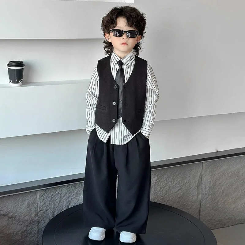 Boys Formal Suit Set Vest Striped Shirt Pants Kids Gentleman Outfit for Wedding Birthday Party Graduation Performance 2-13 Year