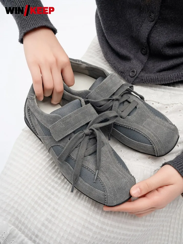 

Women Vintage Square Toe Cow Suede Sneakers Patchwork Mesh Breathable Spring Summer Flat Jogging Trainers Hook Loop Sports Shoes