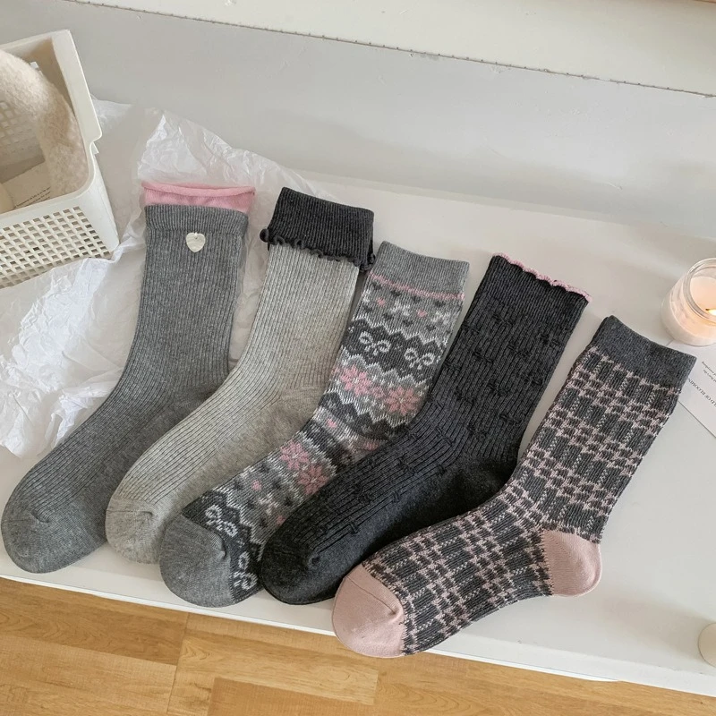 

5 пар осенне-зимних серых и розовых теплых женских носков до середины икры, женские лоскутные модные хлопковые носки, носки с рюшами, высокое качество