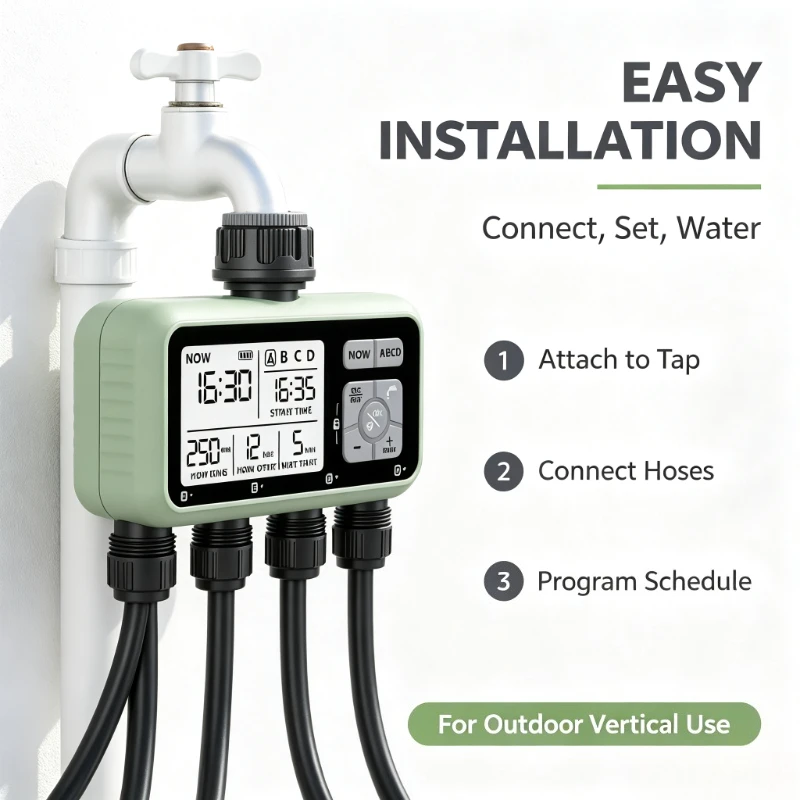 Minuteur d'eau multifonctionnel Reswat à 4 sorties, système d'arrosage automatique, adaptation multi-calibres, facile à installer, outil d'irrigation intelligent pour le jardin et l'entretien des plantes extérieures.