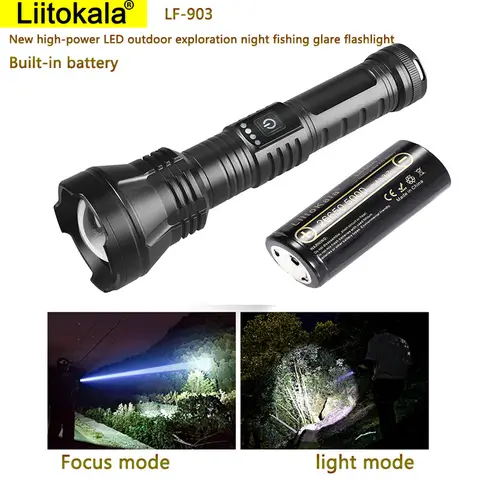 LiitoKala LF-903 고출력 LED 야외 탐사 야간 낚시 눈부심 플래시라이트 집에서 야외 캠핑을 위한 내장 배터리