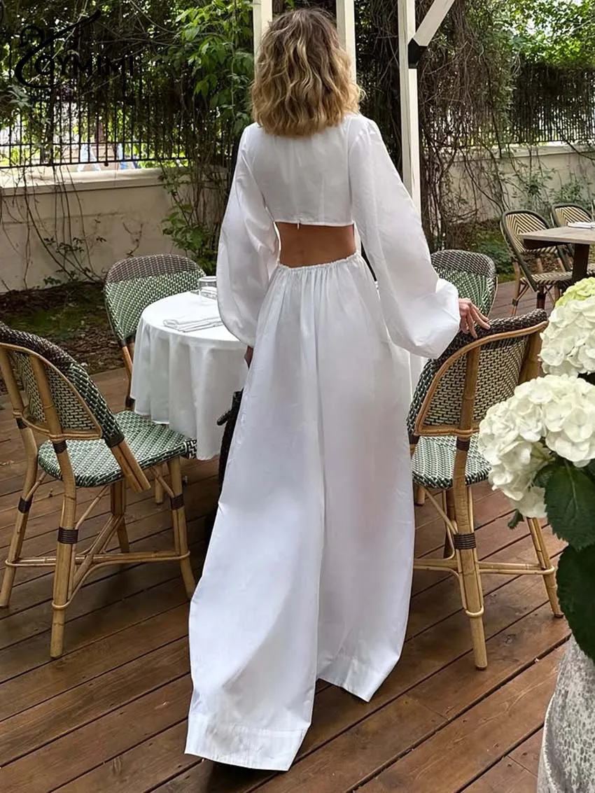 ชุดเดรสผู้หญิงสีขาวทรงหลวม ดีไซน์หรูหรา คอทรงโอ แขนยาว แต่งลายฉลุ  ช่วงฤดูใบไม้ร่วง  แบบมีซิป ยาวกรอมพื้น