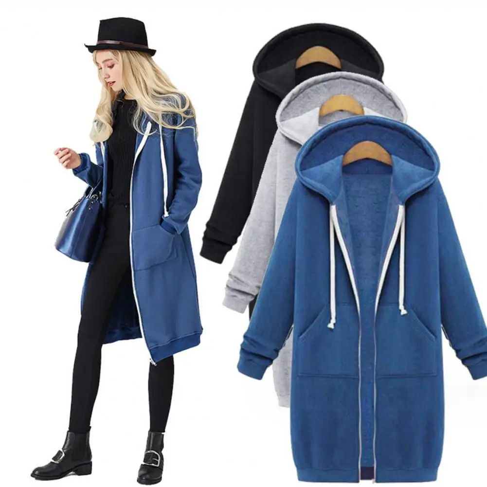 Zipper Lady Coat Women Coat Stylish Women\'s Long Hooded Sweatshirt Solid Color Coat with Zipper Placket Pockets Fashionable