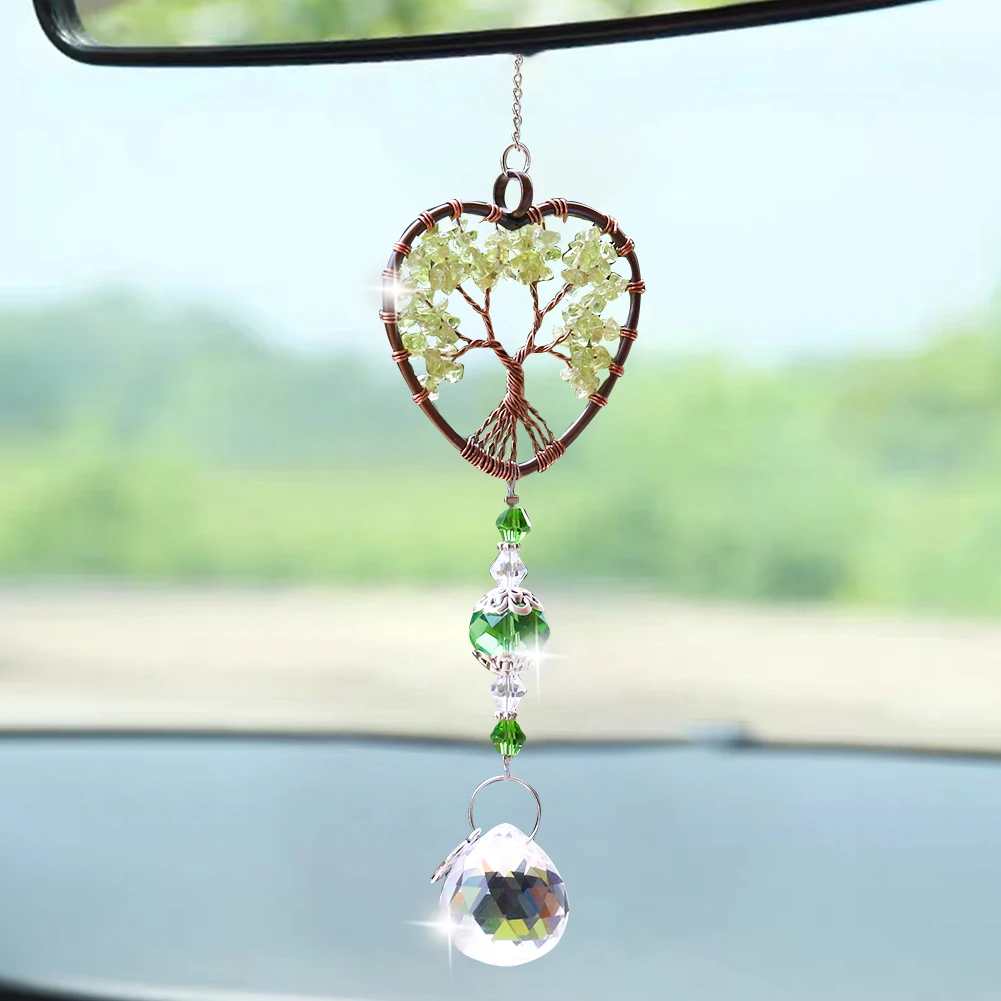 

Muy Bien Natural Green Dongling Gravel Tree of Life Crystal Pendant Quartz Gemstone Reiki Energy Car Hanging Ornament Home Decor