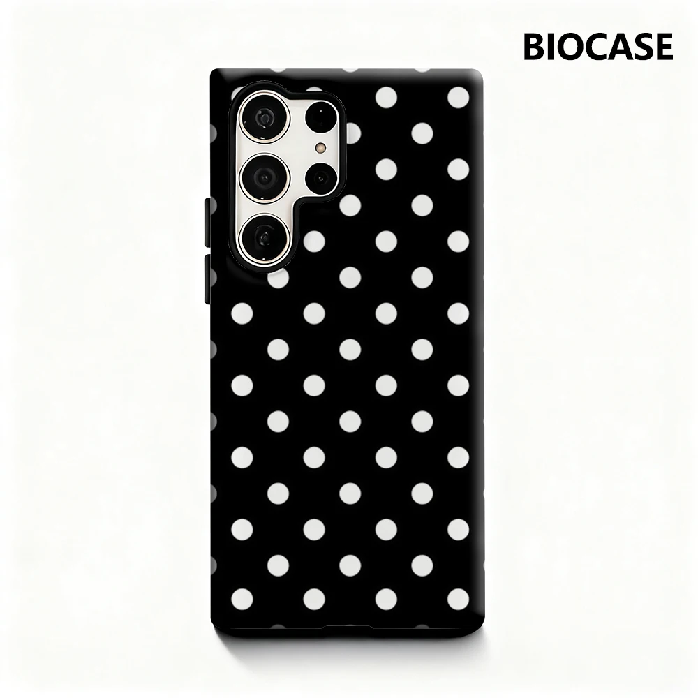 Schwarz-weiße Polka Dots Handyhülle für Samsung Galaxy S25 Ultra S24 S23 Ultra Plus, glänzende doppellagige Rückseite