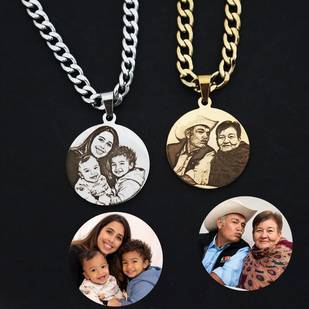 Personalisierter gravierter Familienfoto-Anhänger mit individuellem Bild und kubanischer Kette aus Edelstahl für Männer und Frauen, Schmuckgeschenk.