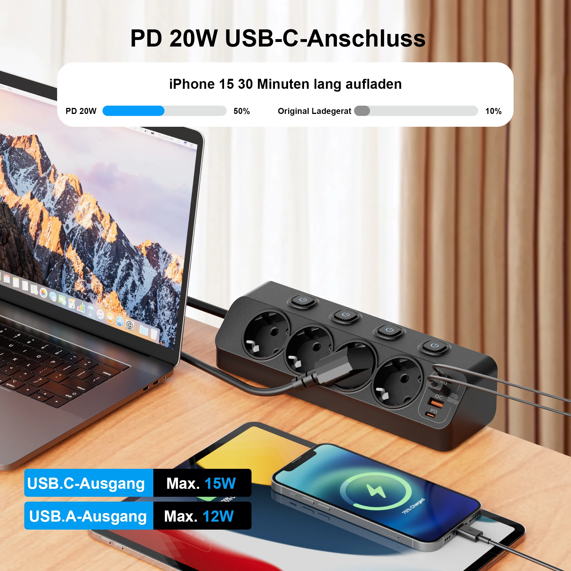 

8-in-1 Multifunctional Desktop Power Strip with 2 USB-C 20W Fast Charging, 2USB-A Ports, 4 AC Outlets and 2 Meter Extension Cabl