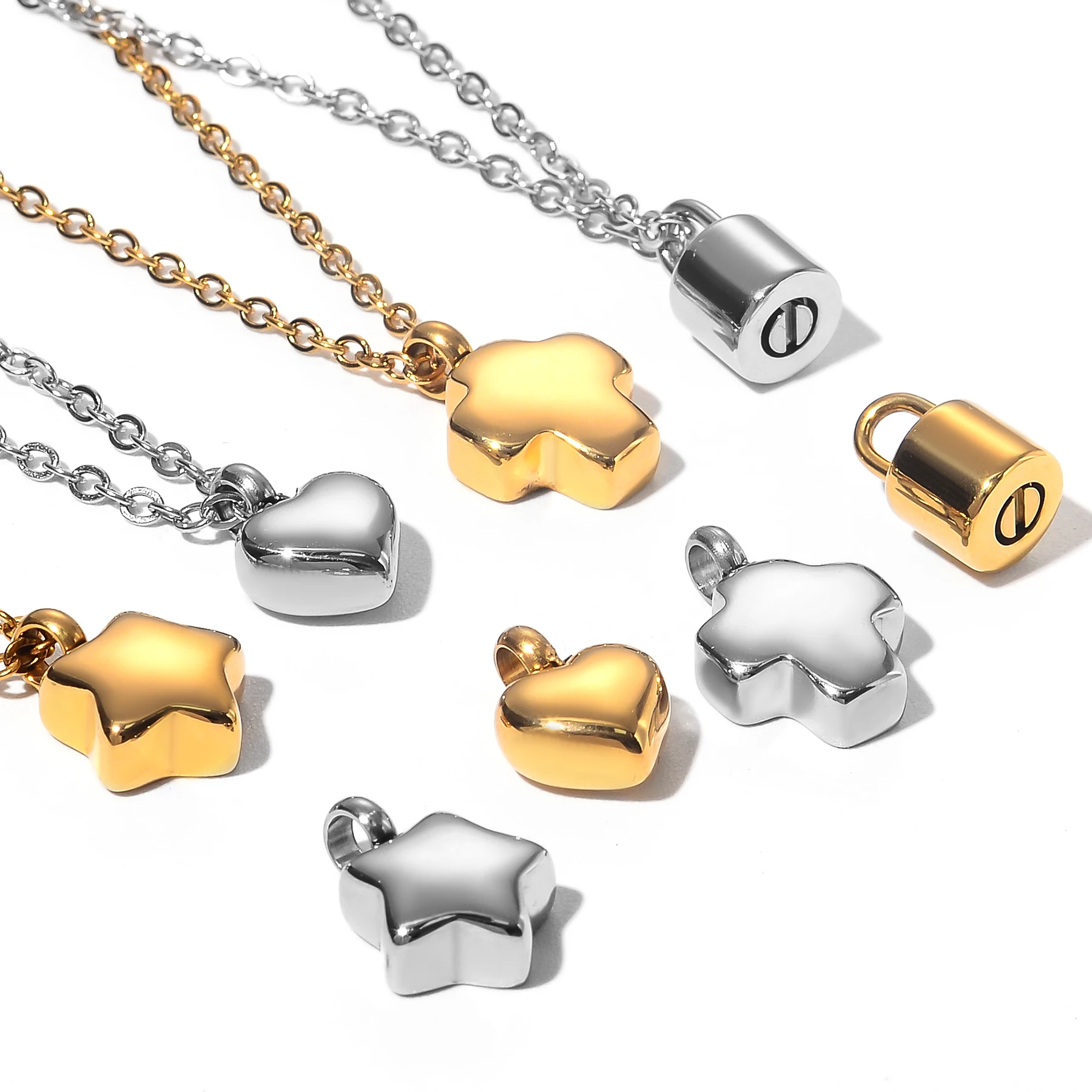 Mini aço inoxidável coração/cruz/estrela/cadeado charme cremação urna colar/pulseira pingente memorial jóias fazendo atacado
