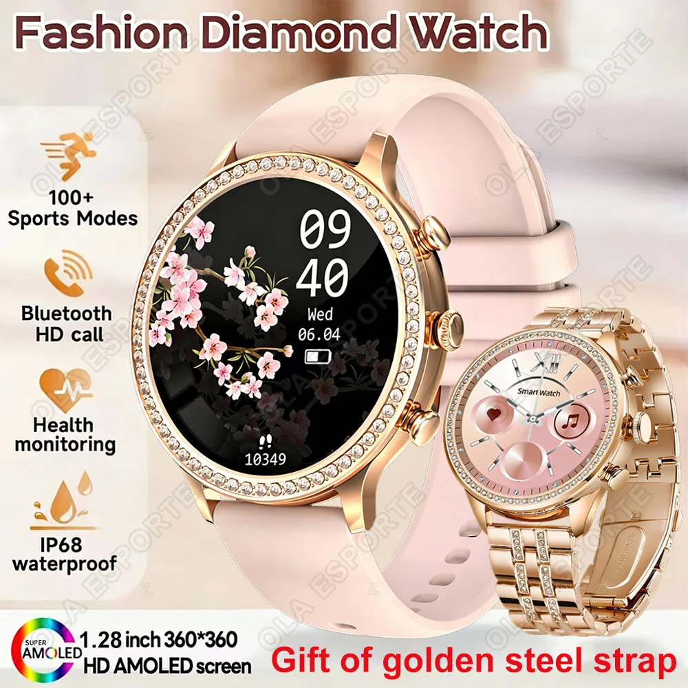 

2026 New Fashion Women Diamond Watch 1.28 inch 360*360 HD Display Heart Rate Blood Oxygen Monitoring Bluetooth Call Smartwatch