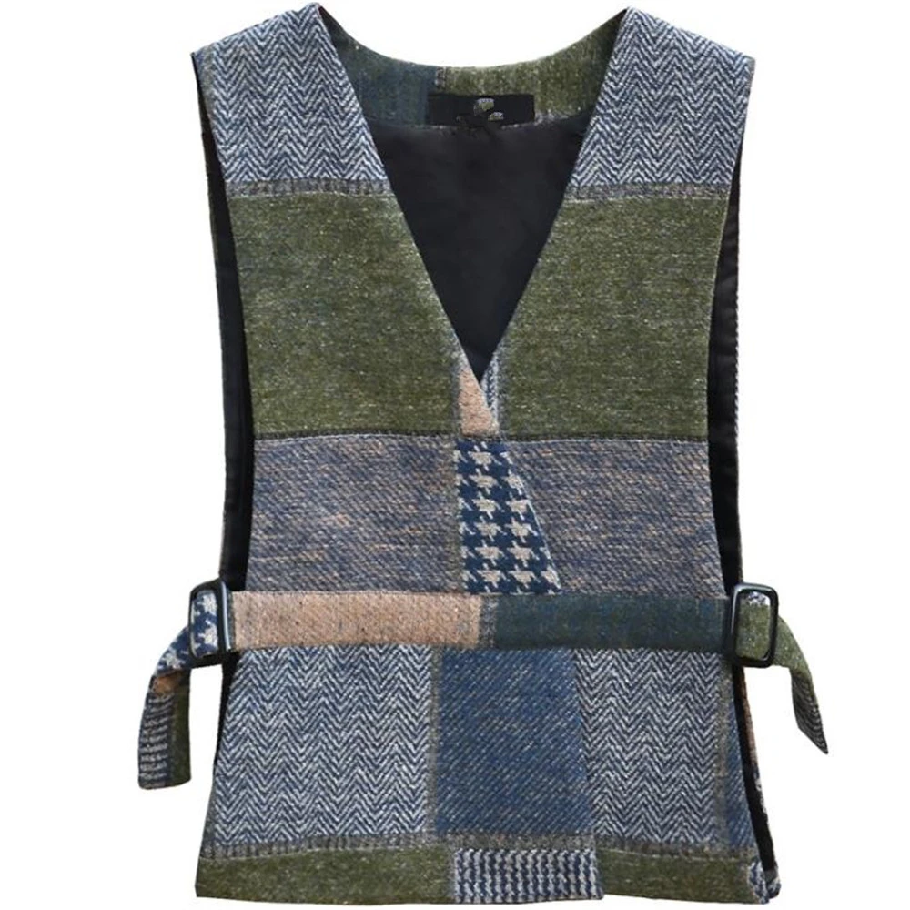 

Korean Slim Suit Spring 40% Woolen Vests Women Elegant Plaid Belt Sleeveless Outerwear Female Coats Veste Femme Overcoat Blazer