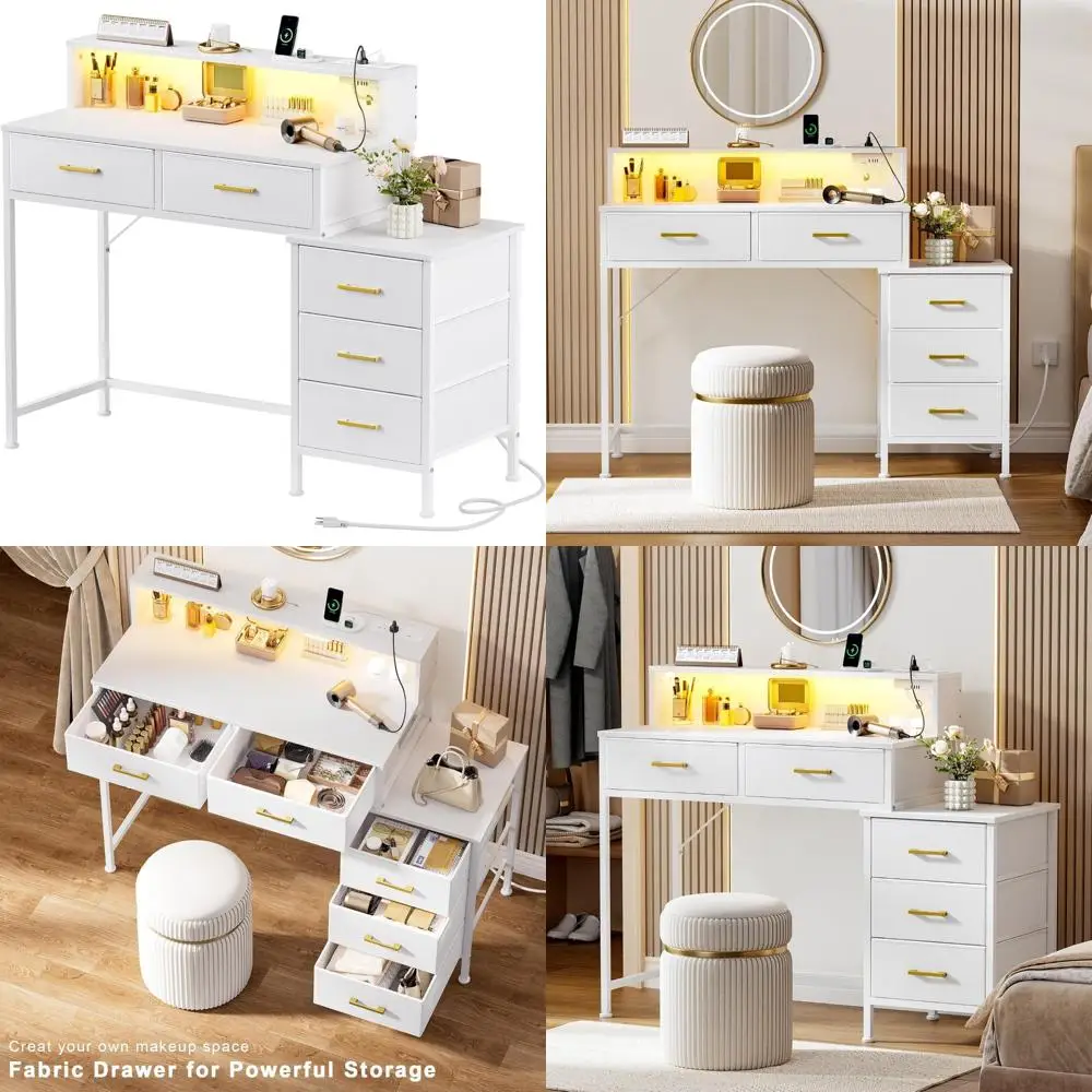 Kousei 47.2 مكتب الغرور المعاصر مع 5 أدراج قماش، ومحطة شحن متكاملة، وطاولة مكياج موفرة للمساحة لغرفة النوم #1