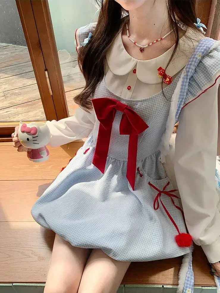 

Japan Sweet Style Fake Two-Piece Doll Collar Dress For Women Autumn Cute Maid Bud Skirt