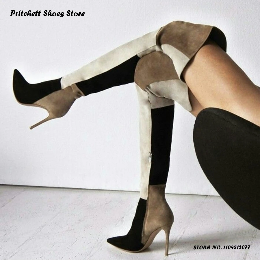 

Замшевые сапоги выше колена в стиле пэчворк, женские весенне-осенние туфли для вечеринок с боковой молнией, модные сапоги до бедра на тонком каблуке с острым носком