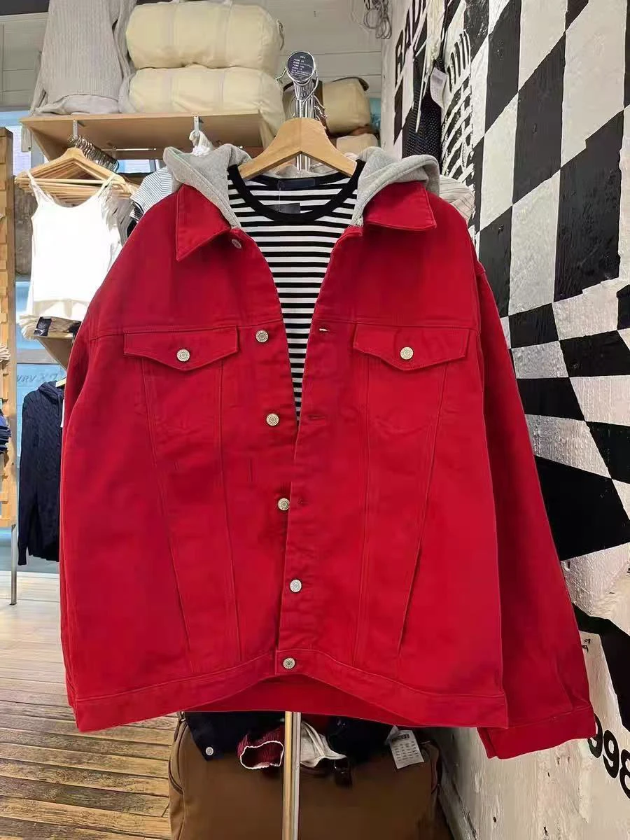 

Red Loose Denim Jacket Coat Women Autumn Single Breasted Long Sleeve Hoodies Jackets Streetwear Vintage Fashion Outerwear New