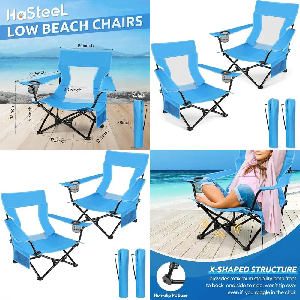 

Folding Beach Chair Set of 2, Foldable Blue Camping Chairs for Outside, Low Beach Chair Portable for Adults Fishing, Picnic, Out