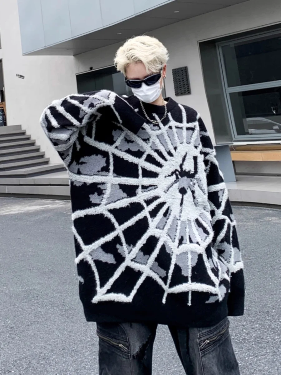 

Extra Large 300 Pou Spider Web Knitwear Men's round Ne Sweater Autumn Winter Loose Fit Long Sve Faionable Street Sle