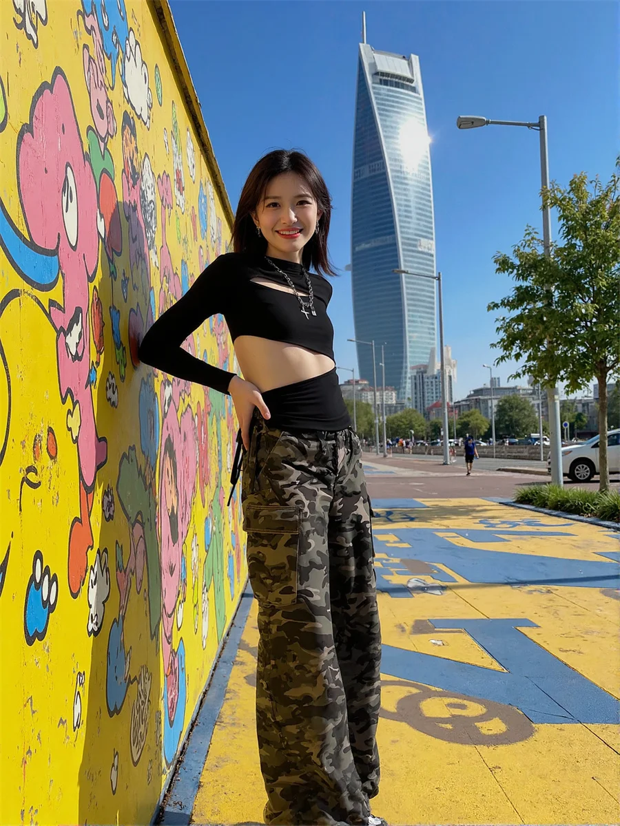 Damen-Cargohose, Trend, weites Bein, plissiert, für Damen, elegant, Büro, hohe Taille, drapiert, locker, formell, geschäftlich, Arbeit, professionell, Schwarz