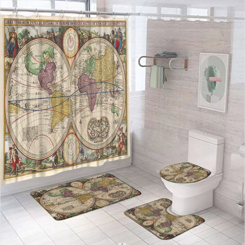 

4Pcs Old World Map Bathroom Shower Curtain Set Vintage Art Historical Atlas Non-Slip Soft Flannel Rug Toilet Lid Cover Bath Mat