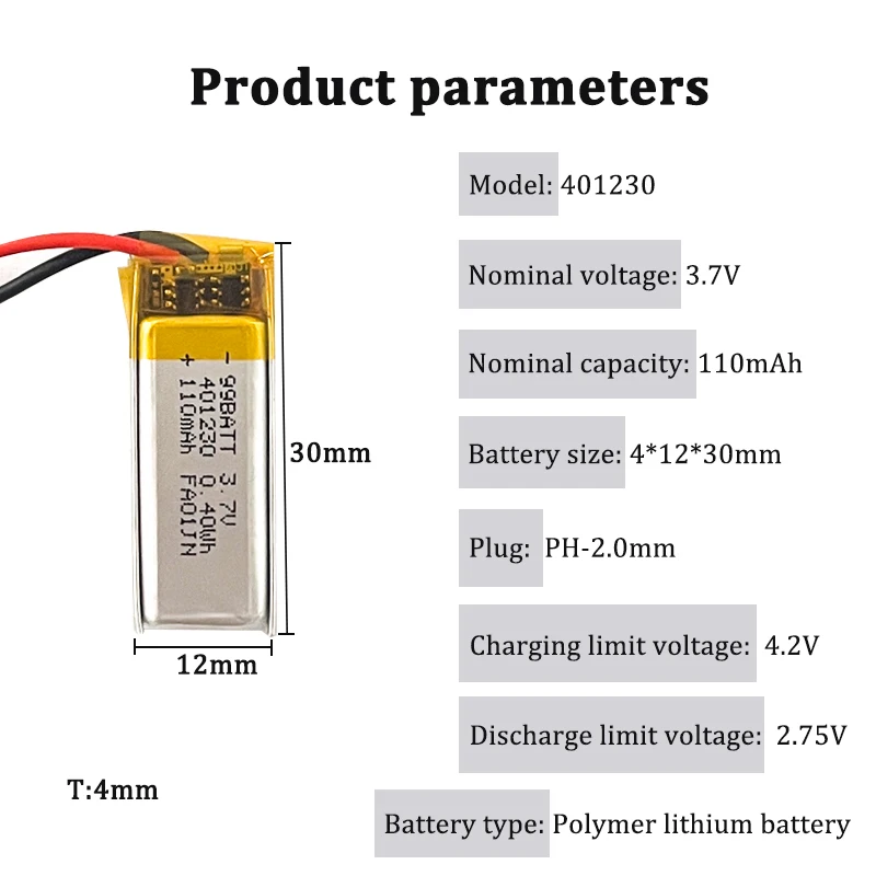10pcs 401230 3.7V 110mAh Li-po Battery Rechargeable Polymer Lithium Batteries for Mp3 Bluetooth Speaker Headphone LED Light Toys - view 5