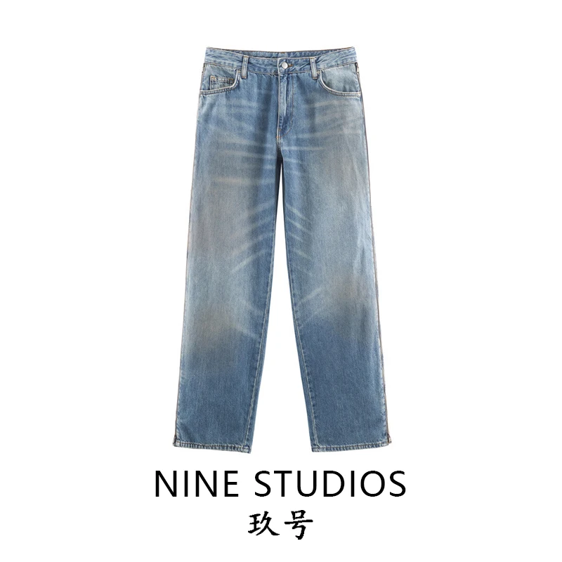 جينز كاجوال مستقيم الساق متوسط الخصر وسحاب مزين بنطال قطني نسائي متعدد الاستخدامات مجموعة شتوية أوروبية #1