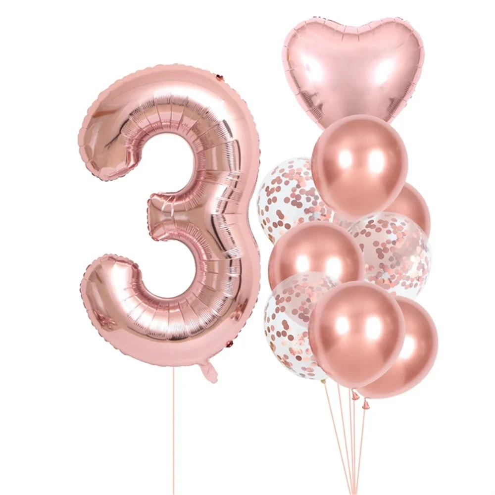 10pcs Heart-shaped Balloon 32 Inch Rose Gold Number 0-9 Balloons Set Birthday Party Wedding Celebration Room Decoration Supplies