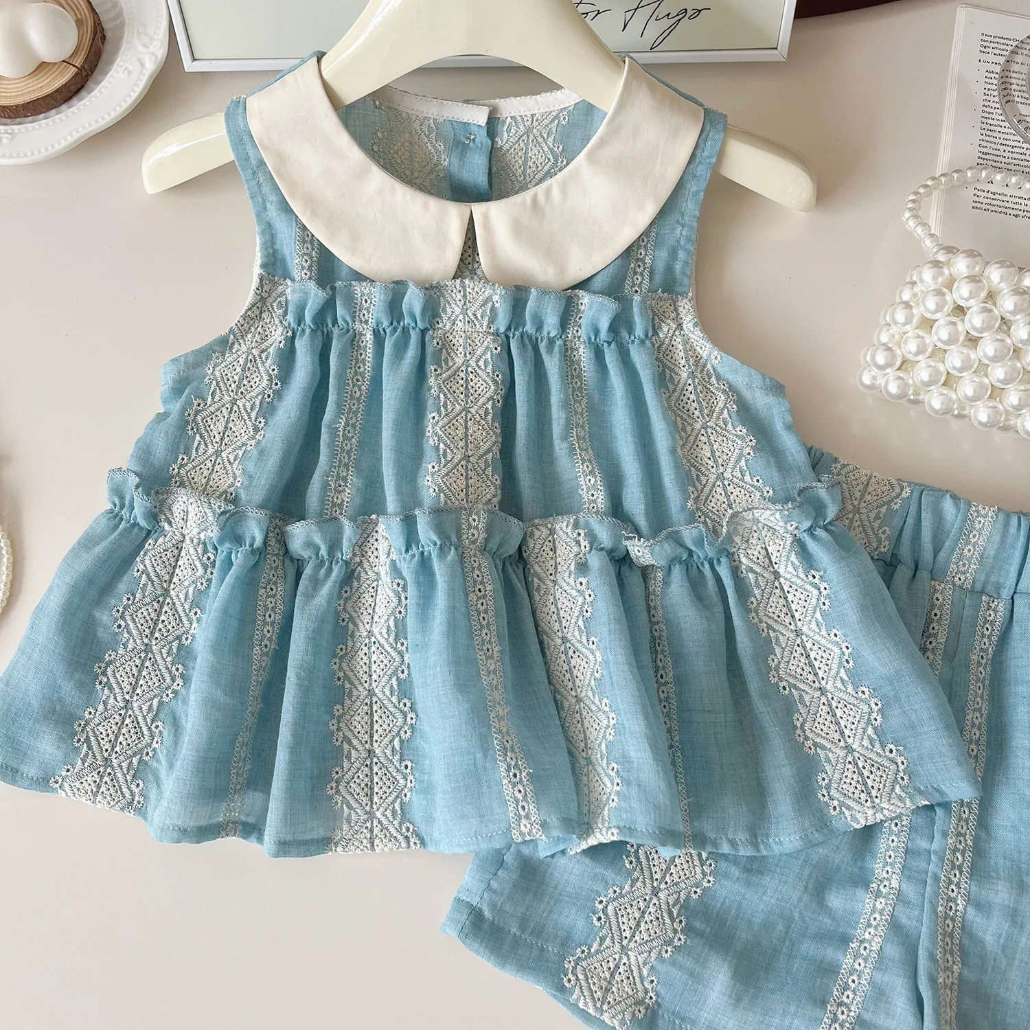 2025 New Korean Children's Summer Sets Sleeveless Lace Kids Girl Clothing Short Style Daily Suits Girls Casual Dress Up Outfits