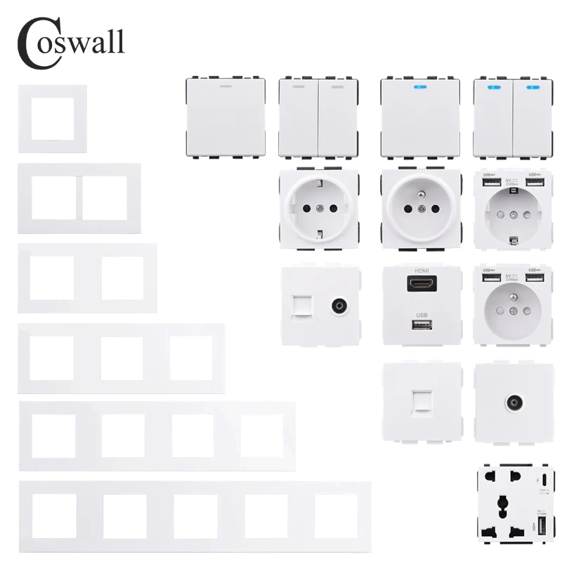 COSWALL E20 Series White PC Panel Wall Switch EU French Socket HDMI-compatible USB Type-C 18W Fast Charger TV RJ45 Module DIY