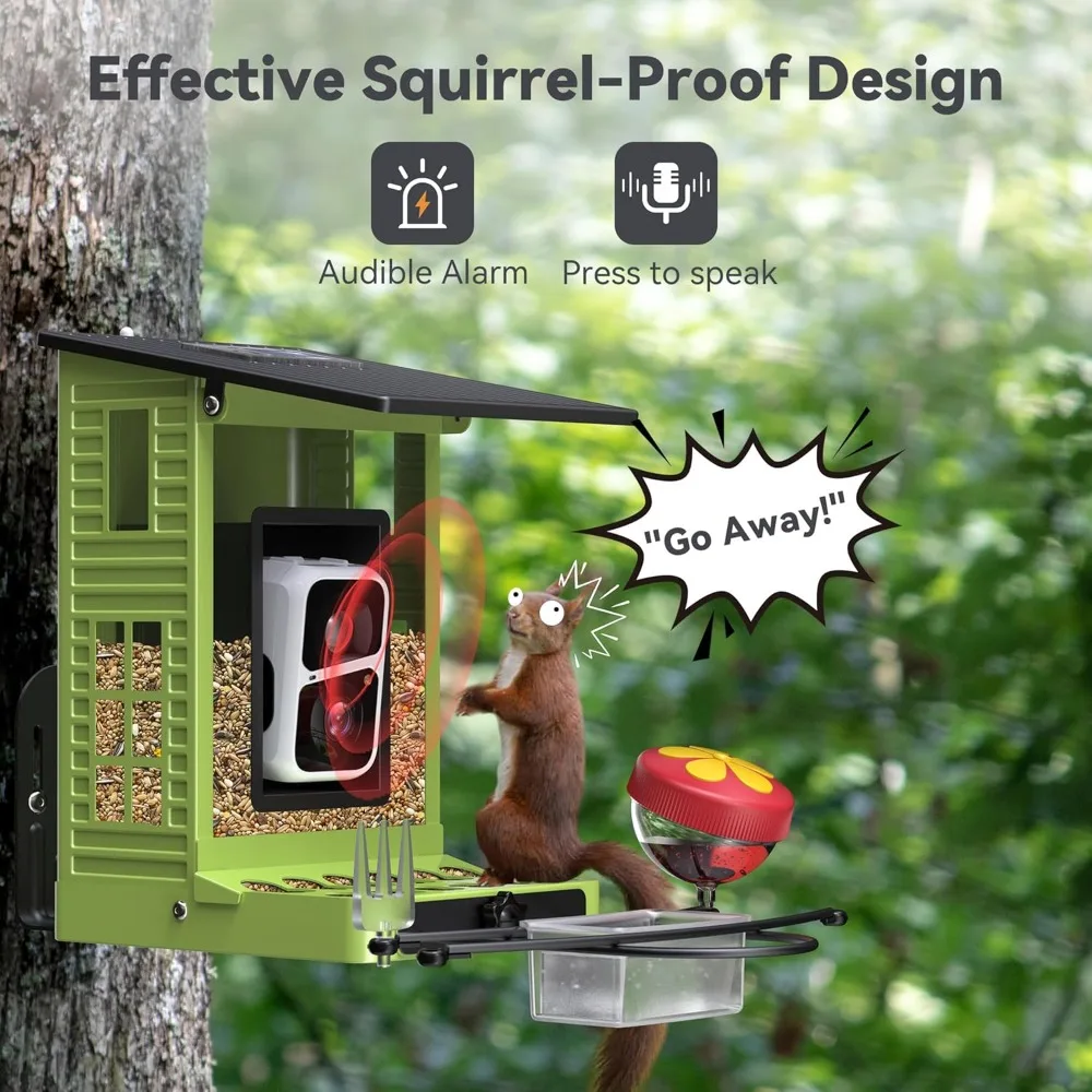 وحدة تغذية الطيور الذكية المعدنية التي تعمل بالطاقة الشمسية مع كاميرا، تحديد الذكاء الاصطناعي بالأضواء الشمسية، كاميرا 2K HD وواي فاي، تنبيهات الوصول الفوري