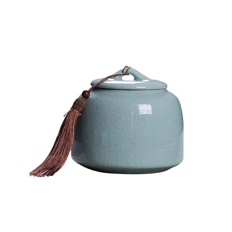 Kongshan Xinyu Factory Direct Sales Longquan Celadon Ge Kiln Ice Cracking Large Tea Can Ceramic Sealing Can Wholesale