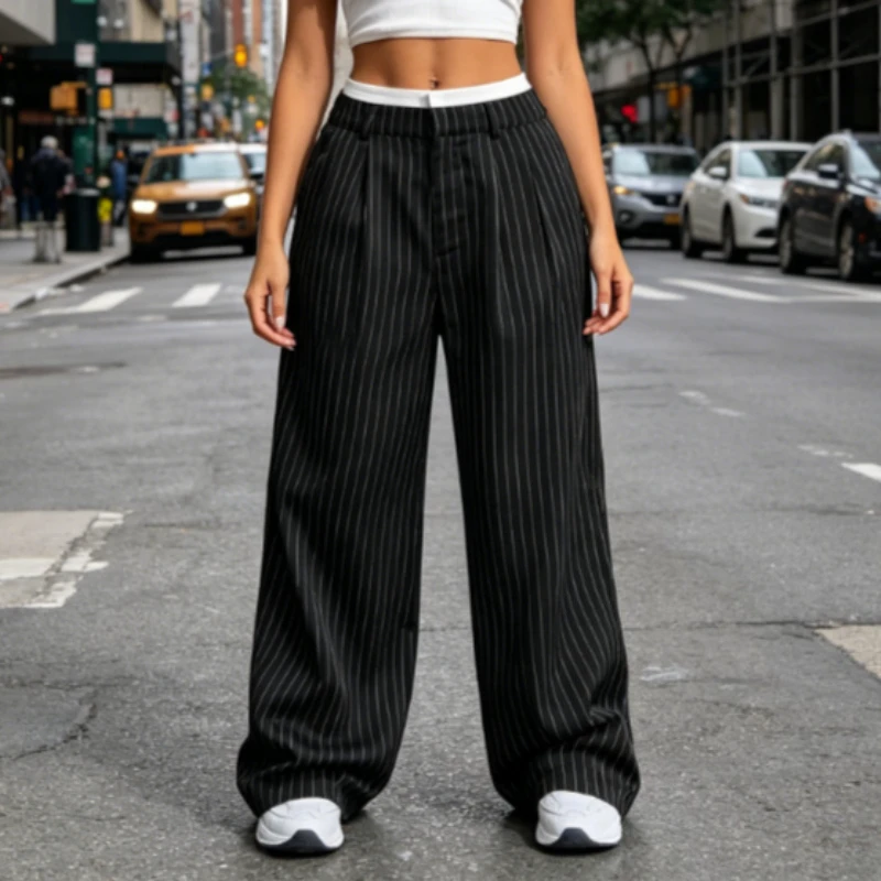 

Fashion New Color Matching Striped Spring Autumn Women's Casual Trousers Elegant Loose Simple Wide-leg Trousers Casual Trousers