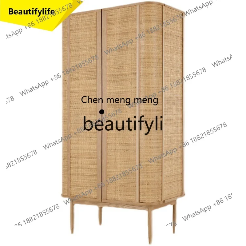 

CC American retro wardrobe rattan solid wood wardrobe bedroom double door log locker