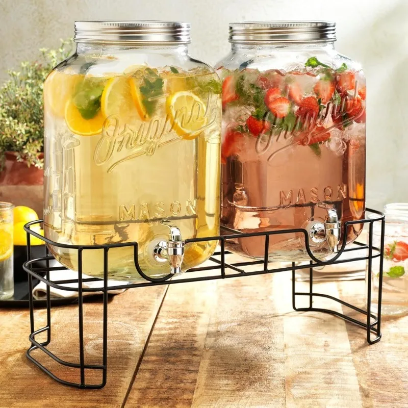 

Glass Beverage Dispenser 2 Gallon with Leak Proof Spigot and Stand for Party Wedding Picnic BBQ Mason Jar Style Water Jug 2