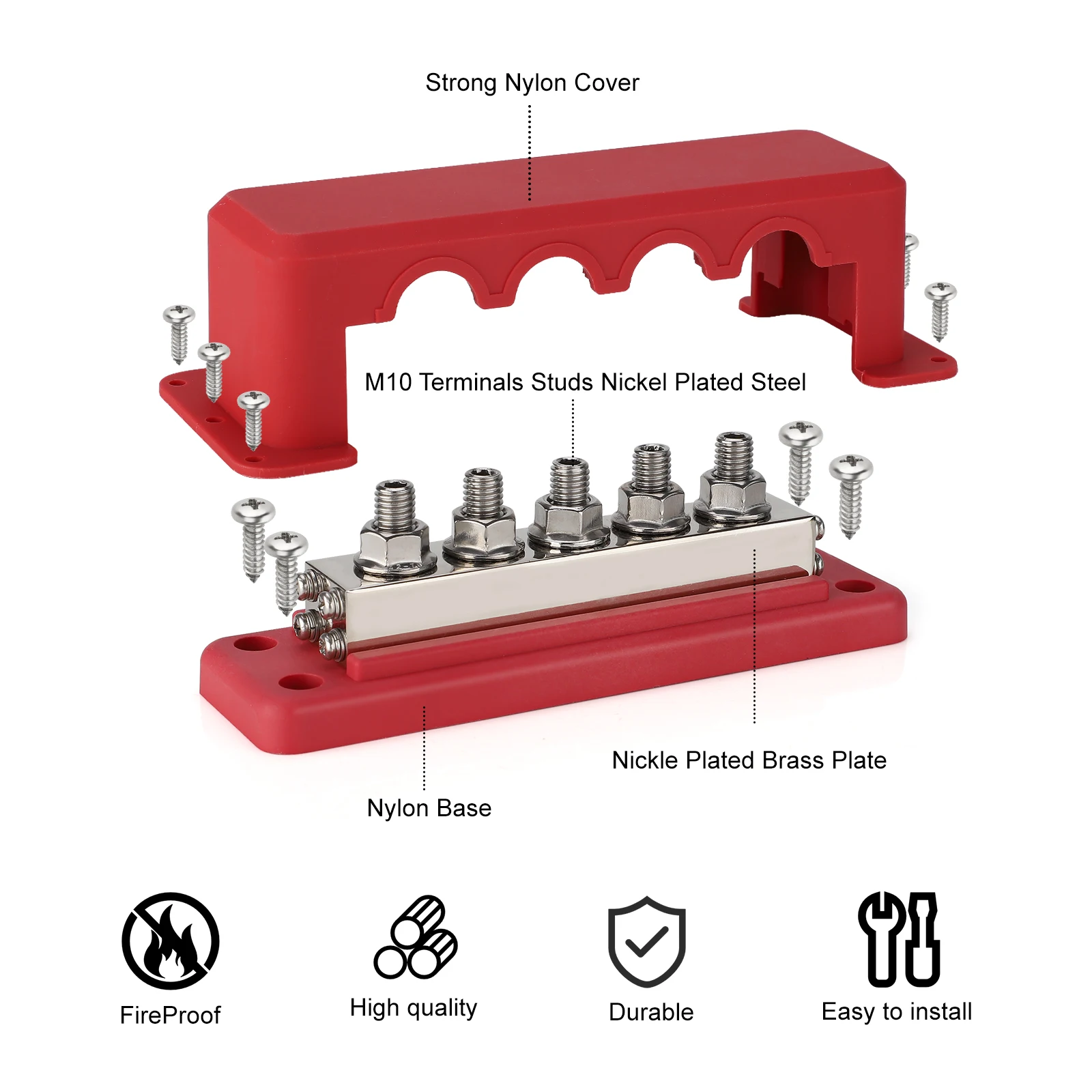 600A 48V Bus Bar Terminal Power Distribution Block DC M10 Studs Positive Negative Terminal Block Boat Car RV Cable Organizer