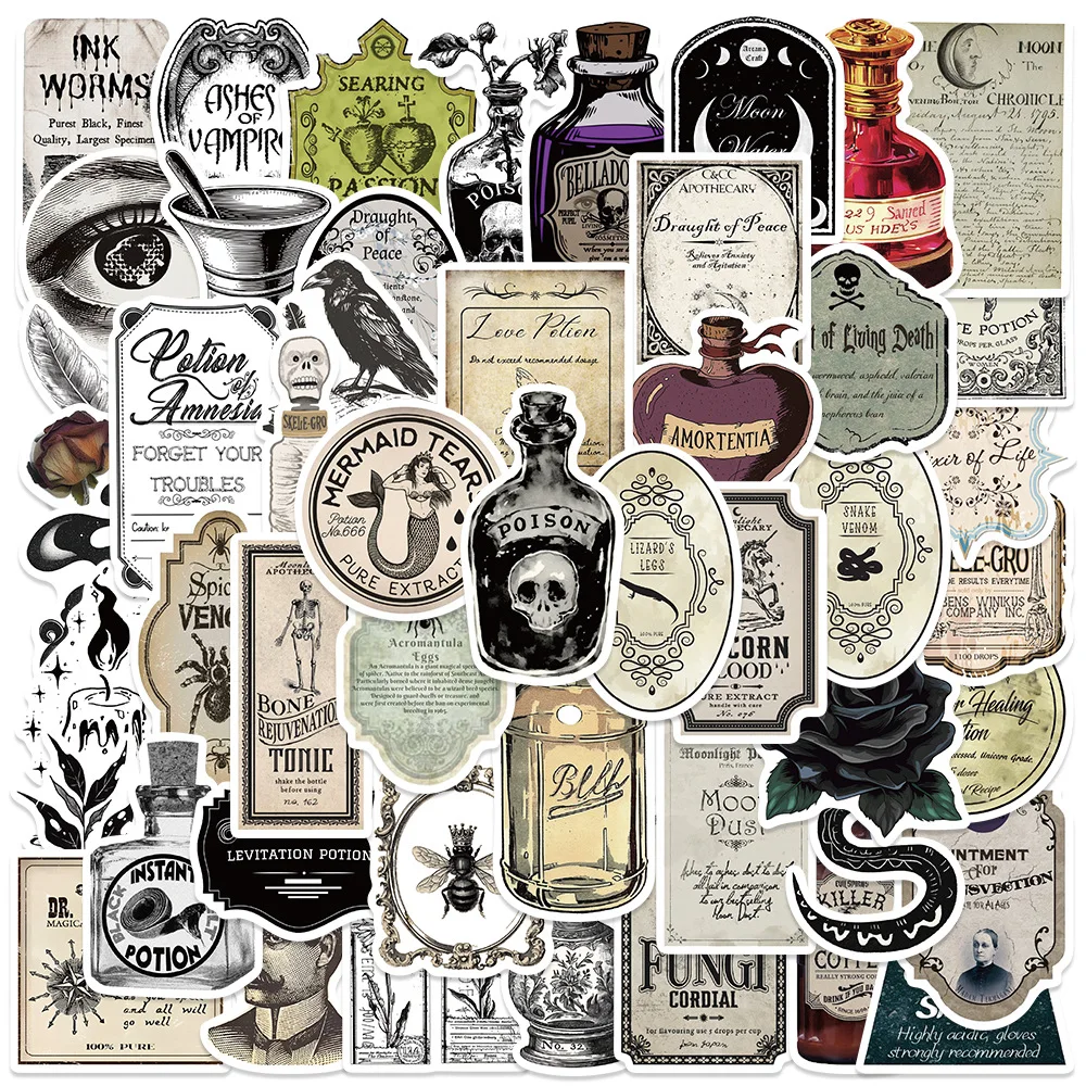 50Pcs Gothic Pharmacist Medication Label Graffiti Stickers Waterproof Scary Cartoon Decals for Guitar Notebook Luggage DIY Decor