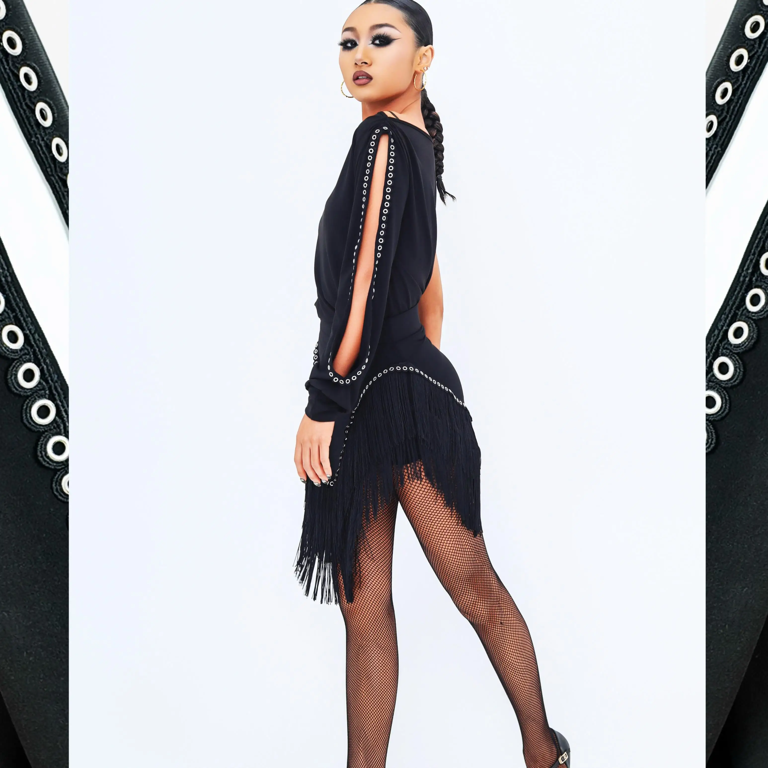 디자인 센스 라틴 댄스 의상 성인 여성 블랙 탑 프린지 스커트 룸바 삼바 연습복 대회 드레스 SS1004