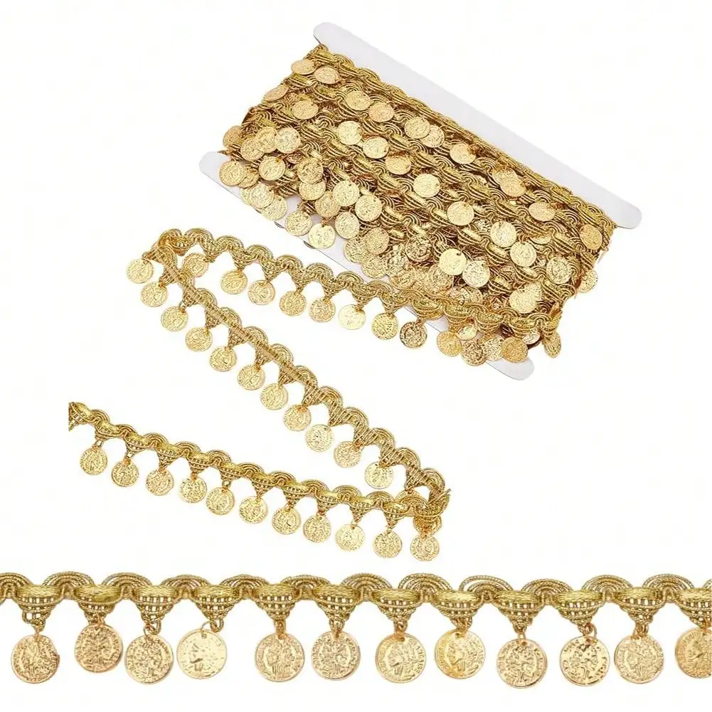 Goldmünzenförmige Paillettenbesatz-Borte mit Quasten, 4 cm breit, Pailletten-Quastenband, Fransen für Tanzkleider, Gürtel, Ketten, Kleidung – Detail 6