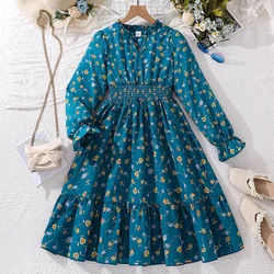 Kids Clothes Children Dress For Girls 8-12 Years Blue Long Sleeve Elastic Waist Floral Printing Fashionable Style