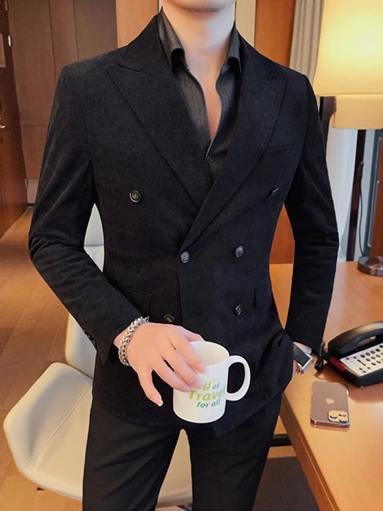 

Mens Corduroy Blazer Double Breasted Casual Jacket Fashion Slim Fit Comfortable Elegant Suit Jacket Business Attire Formal Wear