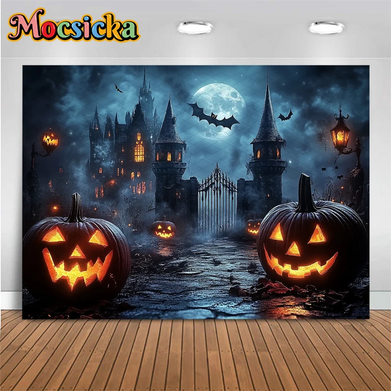 Tło fotograficzne Mocsicka Halloween, z motywem dyni Jack-O-Lantern, zamku, dyni, na imprezę, tło na noc strachu, księżyc, nietoperze, dekoracje, baner.