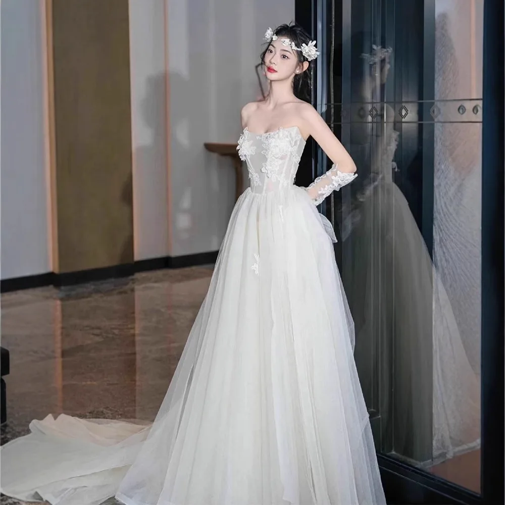 

Элегантные свадебные платья трапециевидной формы, белые корейские простые аппликации из мягкого тюля, свадебные платья для фотосессии, платье для торжественных случаев по индивидуальному заказу