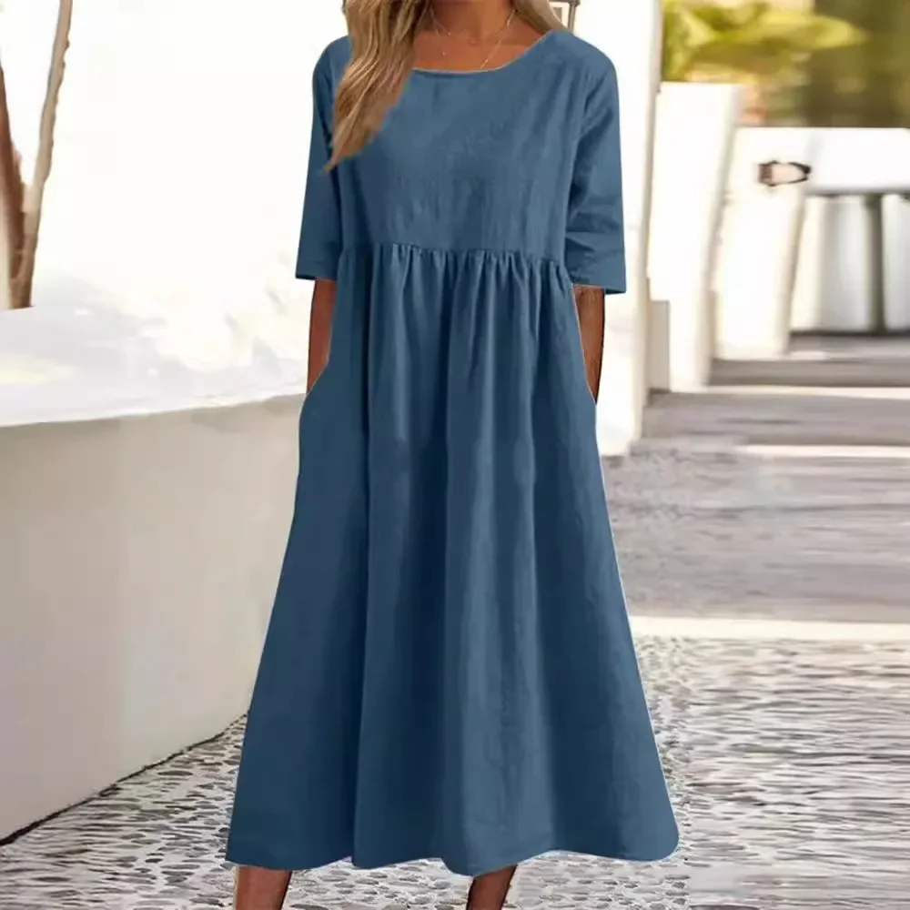 Round neck 5-point sleeve plus size casual qun skirt loose long solid color cotton and linen dress