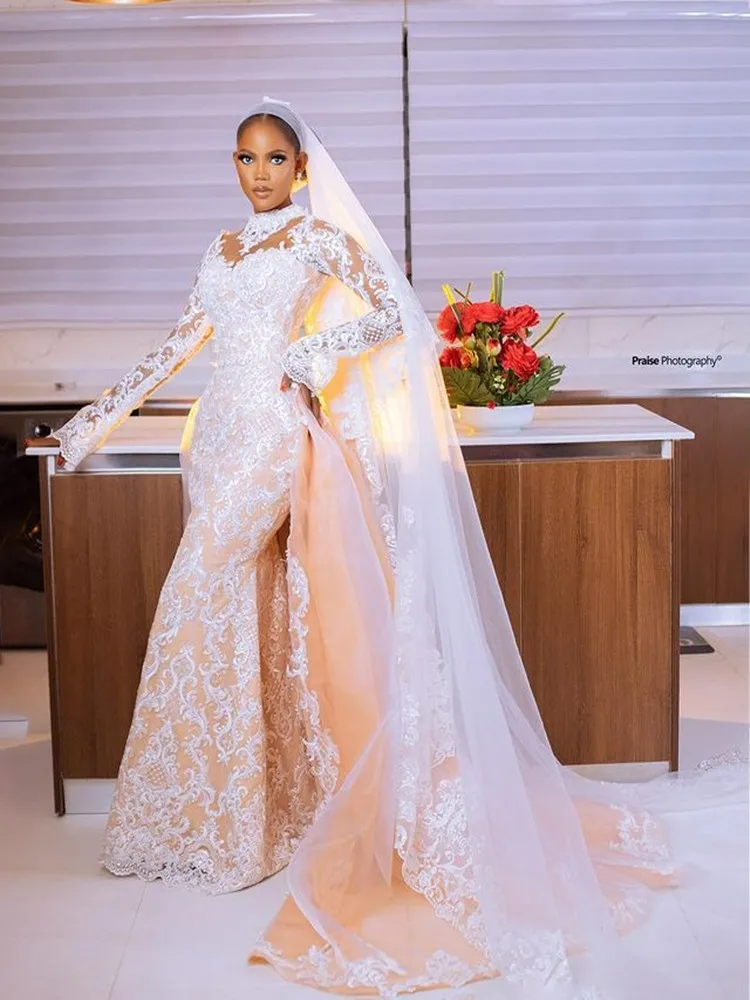 Ilusão personalizada gola alta renda apliques vestido de casamento árabe robe de mariée mangas compridas vestido de noiva com saia removível