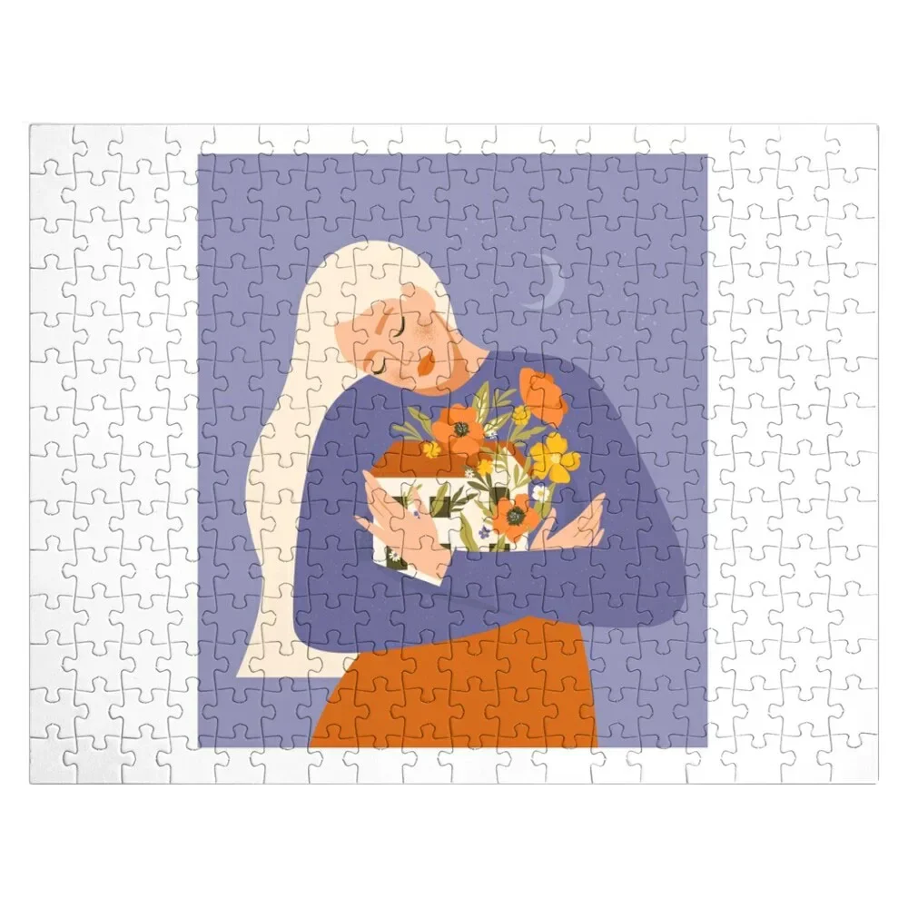

Girl embracing her blooming house. Reverent attitude to sweet home. Jigsaw Puzzle Personalized Baby Toy Custom Child Puzzle