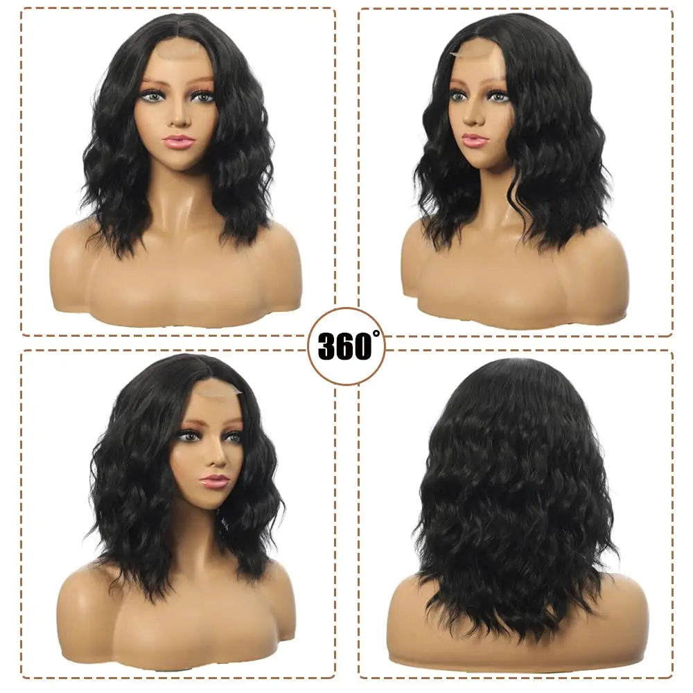 14 Inch Short Bob Wavy  Synthetic Wig for Women Lace Front Wigs Synthetic Wig Middle Part T Lace Wigs Heat Resistant Fiber