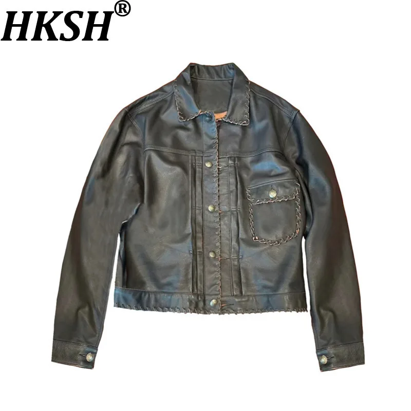 

HKSH весна осень новая мужская темная тканая кожаная куртка ручной работы винтажная повседневная куртка в стиле панк с отложным воротником HK12347