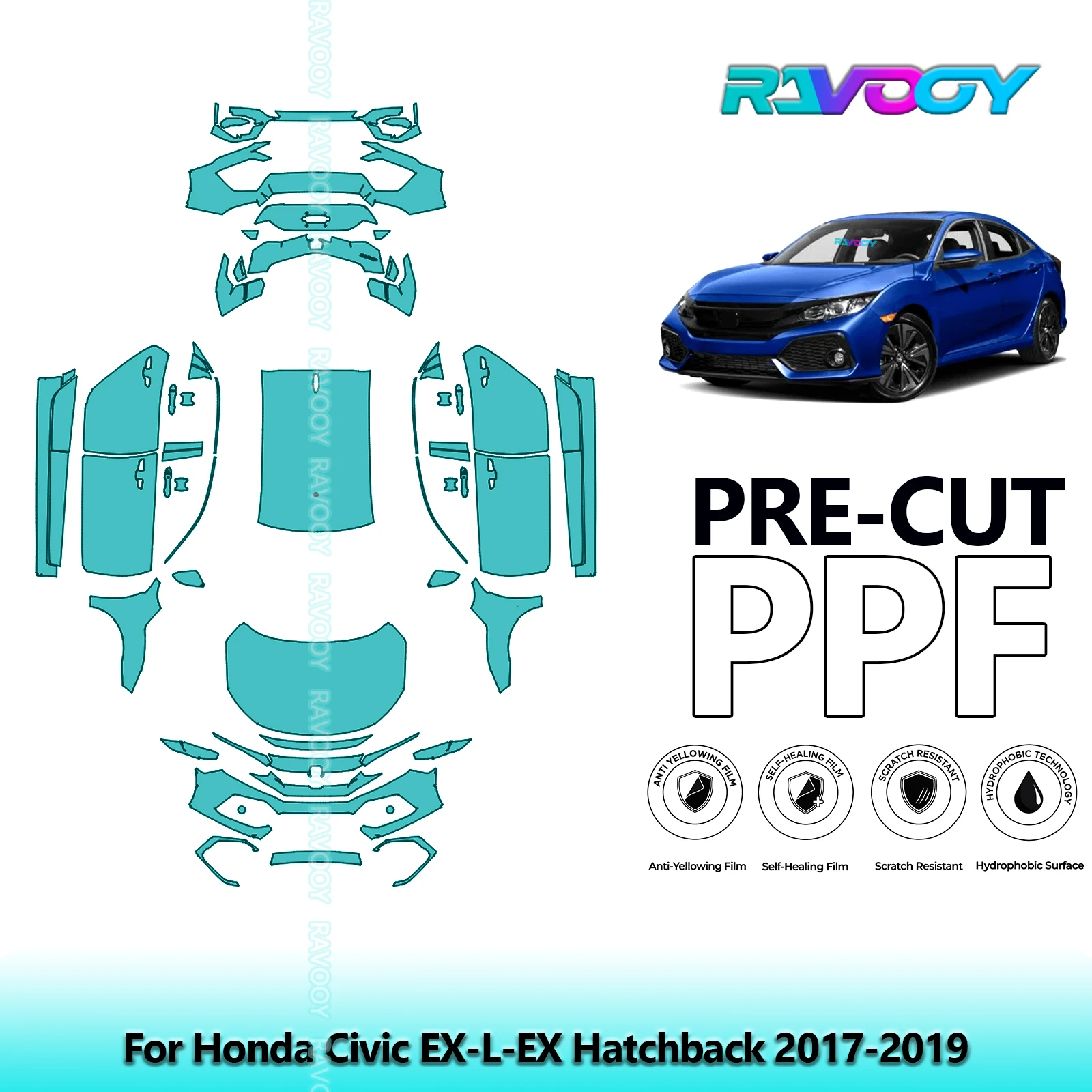 RAVOOY Custom-Fit Precut TPU PPF Full Vehicle Clear Bra Stone Guard EU UK For Honda Civic EX-L-EX Hatchback 2017-2019