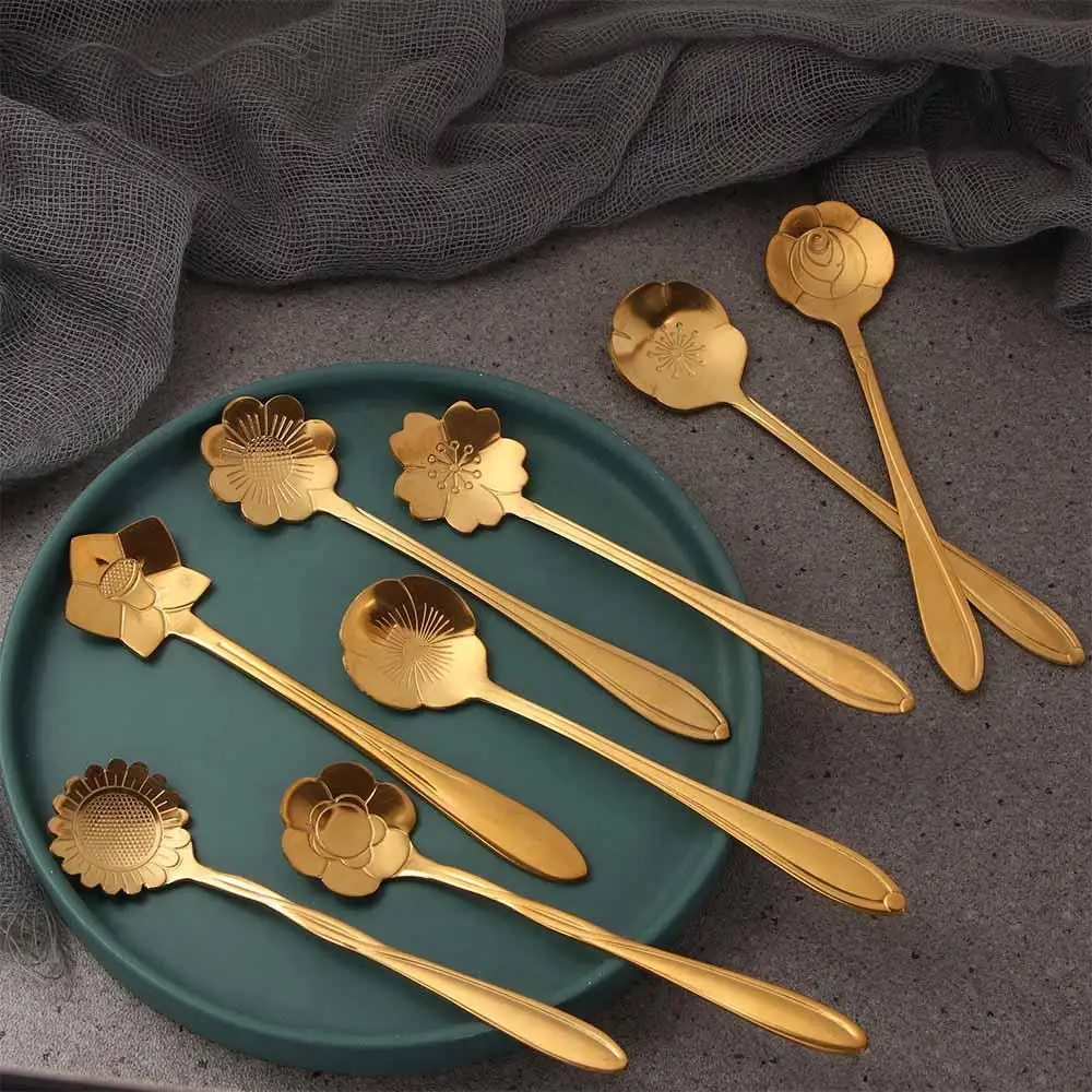 Red Bar tools Mixing Spoon Stainless Steel for Sugar Ice Cream Coffee Dessert Flower Spoon Set Soup Spoon Cutlery Set Teaspoon